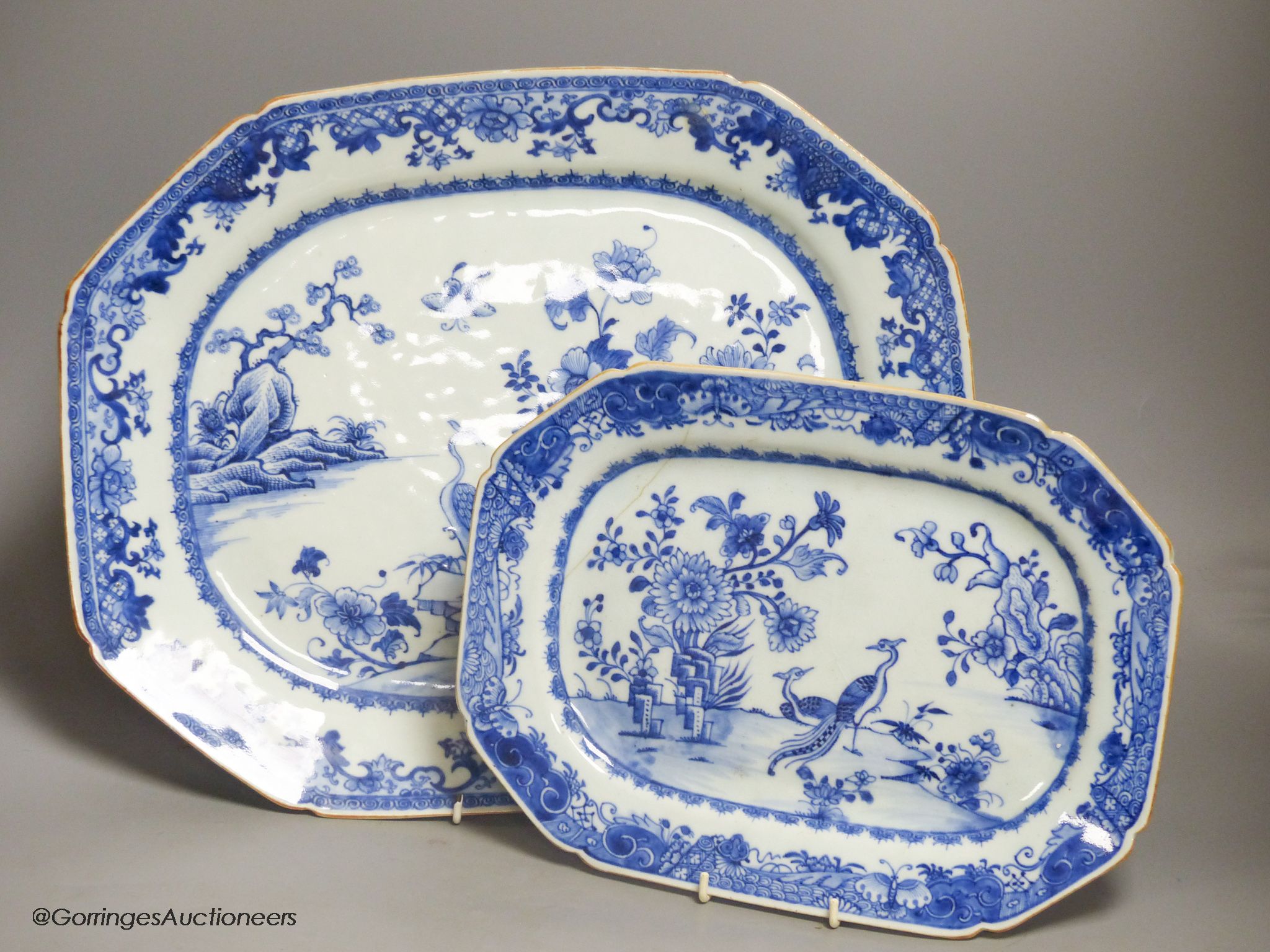 Two 18th century Chinese export blue and white meat dishes, largest 43cm